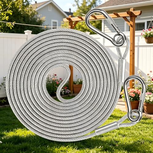 Stainless Steel Clothesline Wire, Heavy Duty Outdoor Laundry Line with Hooks, 5m/197in Multi-Purpose Wire Rope, Anti-Rust, Weather Resistant, for Camping, Yard, Pet Tie Out, Indoor & Outdoor Use - color: Silver, size: 197inches