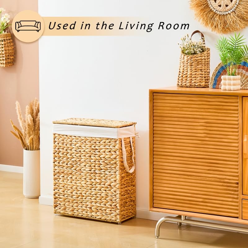 Slim Laundry Hamper with Lid, Handwoven Natural Water Hyacinth Basket - color: Natural, size: 75L