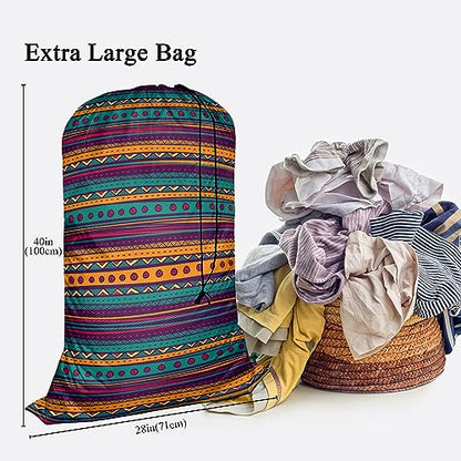 Swono Mexican Texture Heavy Duty Laundry Drawstring Bag with Strap, Indian Style Hand Drawn Abstract Backdrop 28 x 40 Inches Travel Dirty Clothes Bag for Laundromat and Household - color: Mexican Texture