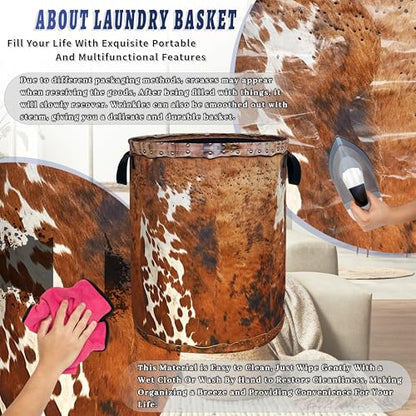 Brown Cow Skin Laundry Basket Foldable Hamper 18.9"x16.5" - color: Brown Retro Cows Skin Pattern