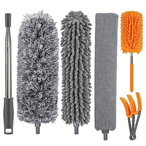 Dusters for Cleaning, 30-100 Inch Long Handle with 4 Duster Types - color: Orange