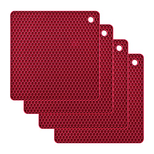 Silicone Trivets Mats, Silicone Hot Pads for Pot Holder, Square Trivets for Hot Dishes, Pots and Pans, Multi Purpose Hot Pads for Kitchen Counter, Non Slip Heat Resistant Mats Set 4 Melort Red - color: B08: Square-melort Red