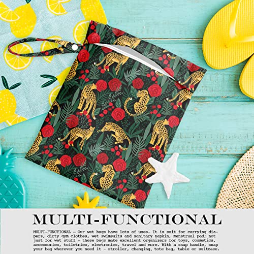 Wet Dry Bag, Wet Bag for Swimsuit, Travel, Beach, Pool, Diapers, Dirty Gym Clothes, Makeup Bag, Camping Accessories, Waterproof Reusable Jungle Tropical Leaves Cheetah Print - color: Panther and Red Flower