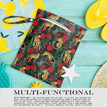 Wet Dry Bag, Wet Bag for Swimsuit, Travel, Beach, Pool, Diapers, Dirty Gym Clothes, Makeup Bag, Camping Accessories, Waterproof Reusable Jungle Tropical Leaves Cheetah Print - color: Panther and Red Flower