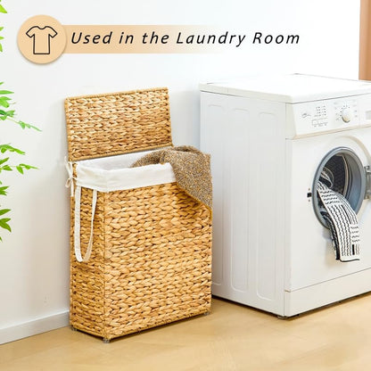 Slim Laundry Hamper with Lid, Handwoven Natural Water Hyacinth Basket - color: Natural, size: 75L