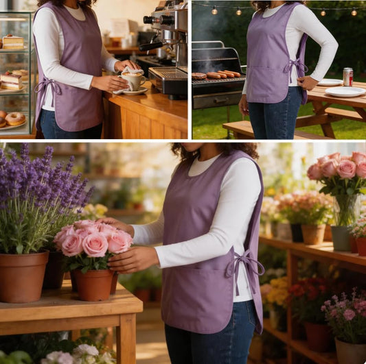 Large Smock Cobbler Apron for Men & Women, Adjustable Side Ties & 2 Pockets - color: Lavender + Green