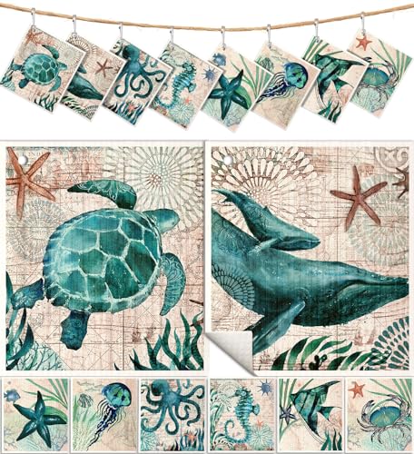 Miss Adola 8 Pack Reusable Kitchen Swedish Dishcloths for Washing Dishes Absorbent Fast Drying Cleaning Sponge Cloths Cute Design Decorate Washable Swedish Towels, Blue Sea - color: 1-blue Sea