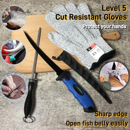 Fishing Knife Set, Fish Cleaning Kit, Filet Knife for Fish, Fish Scale Cleaning Brush, Multi-Functional Scissors, Gloves, Fishbone Tweezers, Storage Bag,Fishing Accessories,Fishing Tool Kit - size: 7PCS-Blue