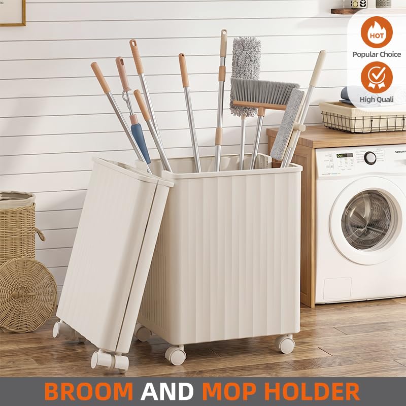 Large Capacity Mop Holder with Wheels, Rolling Broom Storage Organizer On Casters, Heavy Duty Utility Cart for Laundry Room Garage Kitchen Basement, Space Saving Mobile Rack for Cleaning Supplies