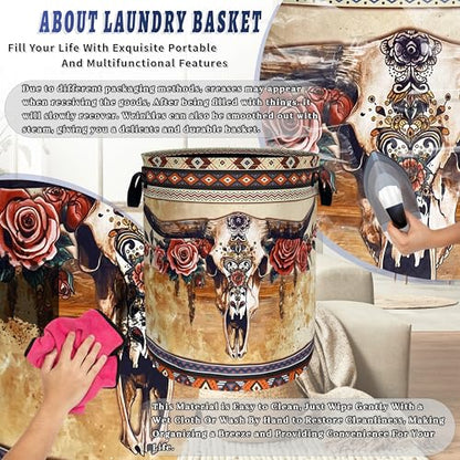 Longhorn Cattle Laundry Basket Oxford Cloth Foldable Hamper 18.9x16.5 Inch - color: Boho Longhorn Cattle Skull Tribal