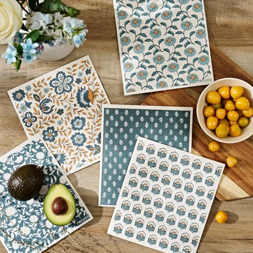 RECYCO Swedish Dishcloths for Kitchen | 5 Pack Indigo Petals Washable Dish Rags | Cellulose Reusable Cleaning Paper Towels | Absorbent Counter Dish Cloth Sponge Kitchen Wipes, 8" L x 7" W - color: Indigo Petals - 5 Pack