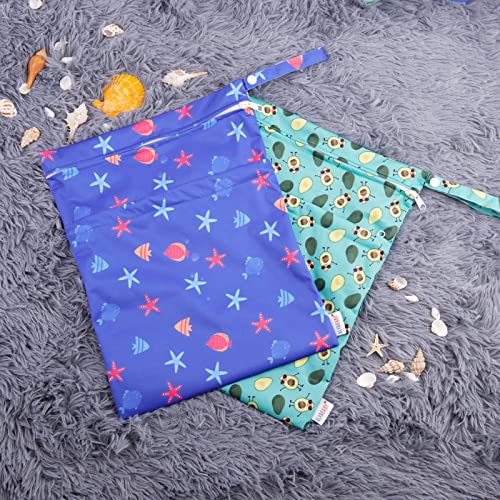 ALVA 2pcs Cloth Diaper Wet Dry Bags Waterproof Reusable with Two Zippered Pockets Travel Beach Pool Daycare Soiled Baby Items Yoga Gym Bag for Swimsuits or Wet Clothes - color: Avocados and starfish