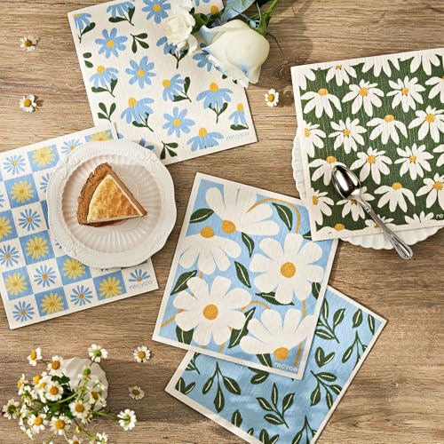 RECYCO Swedish Dishcloths for Kitchen | 5 Pack Daisy Dreams Washable Dish Rags | Cellulose Reusable Cleaning Paper Towels | Absorbent Counter Dish Cloth Sponge Kitchen Wipes, 8" L x 7" W - color: Daisy Dreams - 5 Pack