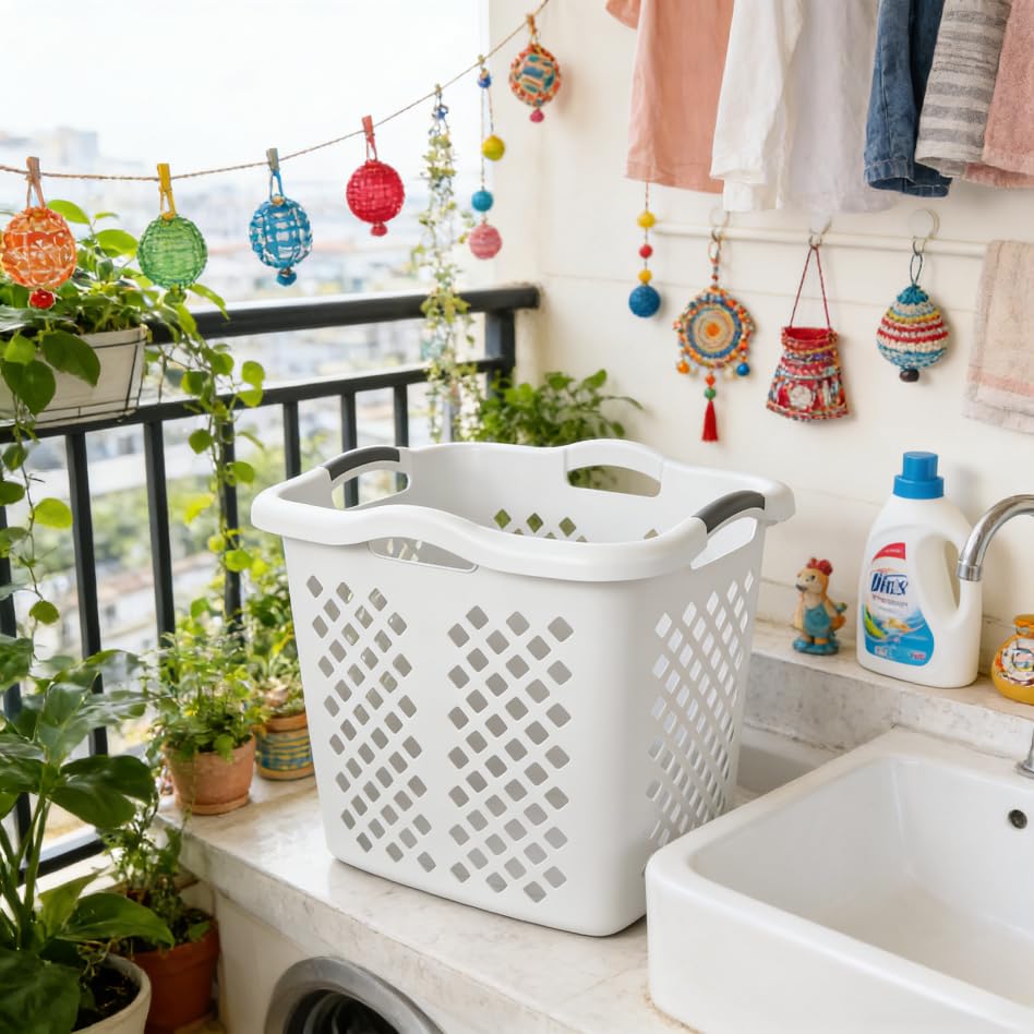 2-bushel capacity laundry baskets with silver handles, white, 2-pack