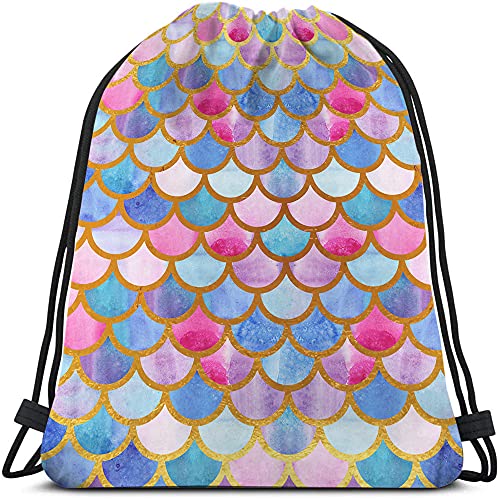 Mermaid Scales Drawstring Bags Backpack Bag Watercolor Animal Fish Mermaid Tale Pattern Cool Design Modern Sport Gym Sack Drawstring Bag String Bag Yoga Bag for Men Women - color: Multi-a107
