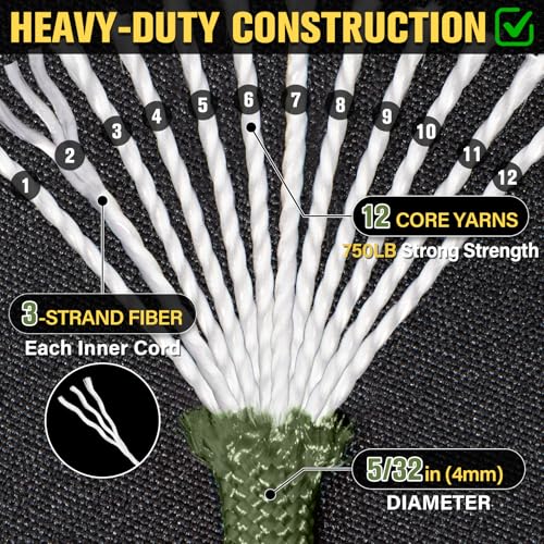 Paracord Rope 750 lb - 1000ft / 500ft / 200ft / 100ft 5/32" Parachute Cord 4MM 12-Strand para Cord - Heavy Duty Spool String for Survival,Camping Gear, Survival Bracelet, Clothesline - color: Army Green, size: 100ft