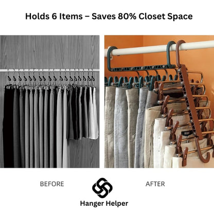 Hanger Helper Space Saving Pants Hanger, Vertical Closet Organizer Holds 6 Pairs, Foldable Multi-Layer Clothes Hanger for Jeans, Leggings, Trousers & Skirts, Closet Storage Organizer (Blue)