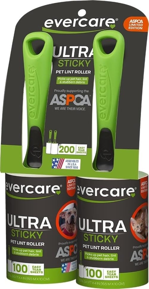 Evercare Pet Hair Lint Rollers All Purpose Use 100 Easy-Tear Sheets Per Roll Reusable Sticky Roller Pets Cat & Dog Hair Remover Contoured Handle for Furniture Clothing & Cars, Set of 2, Green - size: Pack of 2 (200 Sheets)