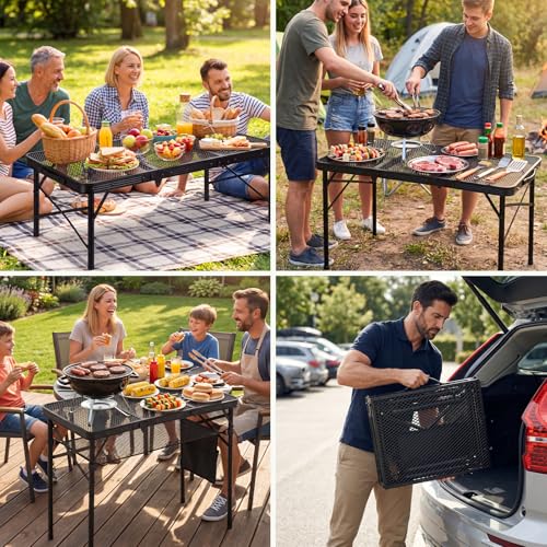 Folding Grill Table, 34"x16" Portable Camping Table with Storage Pocket, Heat Resistant & Waterproof Outdoor Picnic Table, Sturdy Lightweight for Travel Cooking BBQ, Camping, Backyard - size: 34"L x 16"W x 27"H