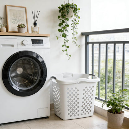 2-bushel capacity laundry baskets with silver handles, white, 2-pack