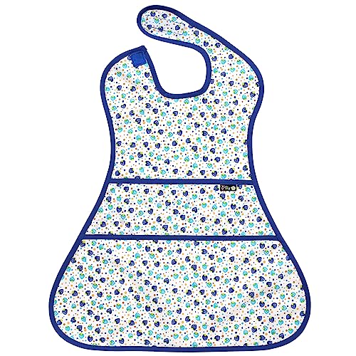 Plie Full Coverage Waterproof Feeding Bib for Toddlers – Extra Long Apron Bib for Mealtime, Self-Feeding, High Chairn - color: Blue Strawberry