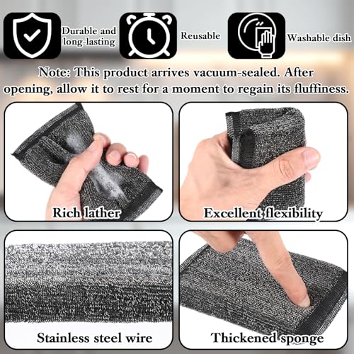 6 Pack Steel Wool Scrubber Sponges, Heavy Duty Stainless Steel Scouring Pads Reusable Non Scratch Metal Sponges Hand-Friendly Kitchen Cleaning Tool for Pots and Pans Tough Grease & Grime (Black) - color: Black