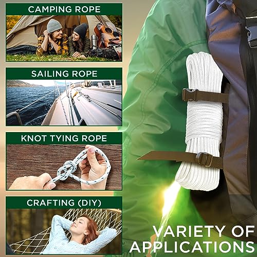 TECEUM Clothes Line & Flag Pole Rope – 1/4” & 3/8” – 90 FT | 150 FT – White - size: 1/4" - 90 FT (27.5M)