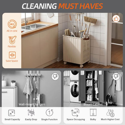 Large Capacity Mop Holder with Wheels, Rolling Broom Storage Organizer On Casters, Heavy Duty Utility Cart for Laundry Room Garage Kitchen Basement, Space Saving Mobile Rack for Cleaning Supplies