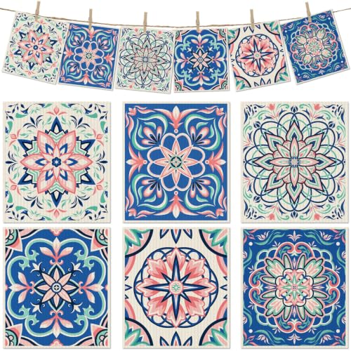 6 Pcs Swedish Paper Cloths for Kitchen, Reusable Paper Towels Washable - color: Pink Six-petal Floral