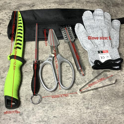 Fishing Knife Set, Fish Cleaning Kit, Filet Knife for Fish, Fish Scale Cleaning Brush, Multi-Functional Scissors, Gloves, Fishbone Tweezers, Storage Bag,Fishing Accessories,Fishing Tool Kit - size: 7PCS-Green