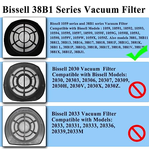 2037423 Filter Compatible with Bissell 3-in-1 Lightweight Stick Vac 38B1, 38B1L, 1059 Series, Compare to Part# 2037423 & 2037424 (4 Pack Vacuum Filter & 4 Pack Foam Filter) - size: 4 Filters with 4 Foam Filters