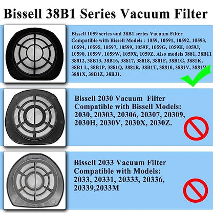 2037423 Filter Compatible with Bissell 3-in-1 Lightweight Stick Vac 38B1, 38B1L, 1059 Series, Compare to Part# 2037423 & 2037424 (4 Pack Vacuum Filter & 4 Pack Foam Filter) - size: 4 Filters with 4 Foam Filters