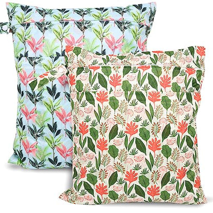2pcs Travel Waterproof Laundry Bag, Cloth Diaper Wet Dry Bags with Handle & 2 Zipper Pockets, Reusable Washable Dirty Clothes Bag for Baby Adult Travelling Hanging, Bathing Beach Pool Daycare - color: Flowers & Plants