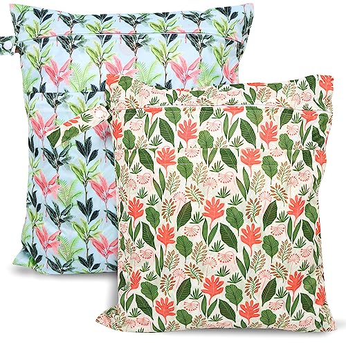 2pcs Travel Waterproof Laundry Bag, Cloth Diaper Wet Dry Bags with Handle & 2 Zipper Pockets, Reusable Washable Dirty Clothes Bag for Baby Adult Travelling Hanging, Bathing Beach Pool Daycare - color: Flowers & Plants