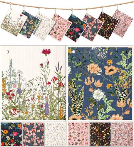 Miss Adola 8 Pack Reusable Kitchen Swedish Dishcloths for Washing Dishes - Absorbent Fast Drying Cleaning Sponge with Cute Flower Design - Washable Decor Cloths - color: 1-flowers