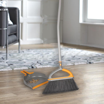 Casabella Ergo Broom & Dustpan Set Angled Broom with Replaceable Bristle Head & Hang Loop, 54-Inch, Gray - style: Indoor
