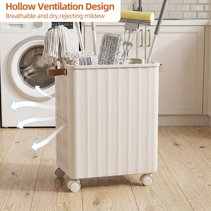 Large Capacity Mop Holder with Wheels, Rolling Broom Storage Organizer On Casters, Heavy Duty Utility Cart for Laundry Room Garage Kitchen Basement, Space Saving Mobile Rack for Cleaning Supplies