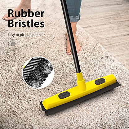 JEHONN Rubber Broom with Squeegee, Pet Hair Remover 52.8 inches Long Handle, Push Fur Removal Tool with Portable Detailing Lint Brush for Fluff Carpet, Window, Tile, Hardwood Floor Cleaning (Yellow)