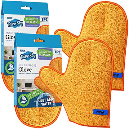 persik Pure-Sky Microfiber Glove Dusting Mitt - Just Add Water No Detergents Needed - Ultra Microfiber Cleaning Cloth Glove - Use for Cleaning Furniture, Home - 2 Pack