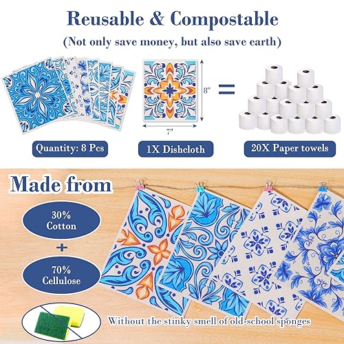 Lucomb 8 Pack Swedish Dish Cloths for Kitchen Reusable, Cellulose Sponge Cloths Swedish Dish Rags Washable Paper Towels Cloth Quick Dry Non-Scratch for Washing Dishes Home Counter Wipe - color: 8 Pack-geometric Pattern