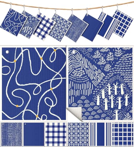 Miss Adola 8 Pack Reusable Kitchen Swedish Dishcloths for Washing Dishes Cloths Absorbent Fast Drying Cleaning Sponge Cute Decorate Washable Swedish Towels, Blue Line - color: Blue Line