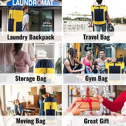 Laundry Bag Backpack 125L Extra Large, Heavy Duty 900D Coated Oxford Fabric, 3 Pockets Durable Travel Laundry Bags with Soft Padded Shoulder Straps for College Dorm, Apartment, Laundromat (Yellow) - color: Yellow