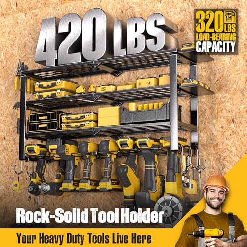 Spampur 420LB Capacity Power Tool Organizer with Charging Station & 6 Outlets | Quick Assembly 4-Layer Heavy Duty Rack for Drills & Batteries | Ultimate Garage Storage & Christmas Gift for Men - size: 4 shelves 8 slots (single) with power strip