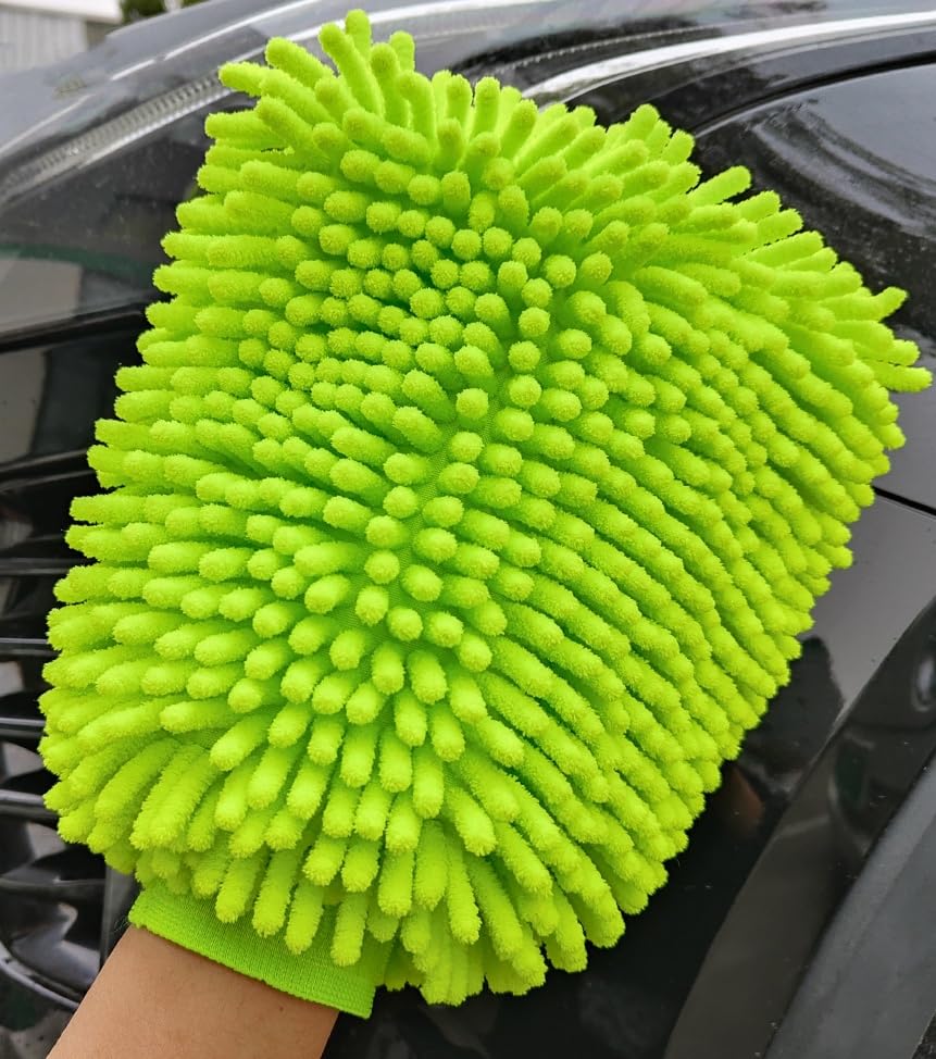 Car Wash Mitt(5.9In × 7.08In), Scratch-Free Double-Sided Wash Brush, Microfiber Wet & Dry Soft Plush Gloves for Cleaning Cars and Home, Car Cleaning Accessories, Machine Washable, Green