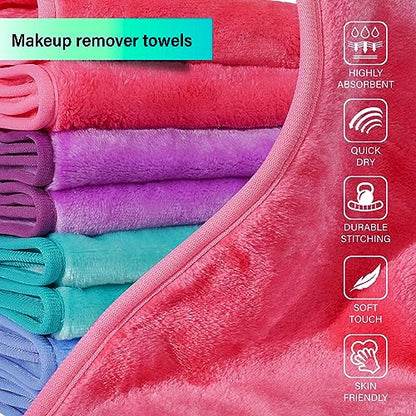 Nugilla Makeup Remover Cloths, 16 Packs Makeup Remover Towels Reusable Face Wash Cloth, Soft Microfiber Face Cloth for Women - color: Pink/Blue/Green/Purple, size: 1 Count (Pack of 16)