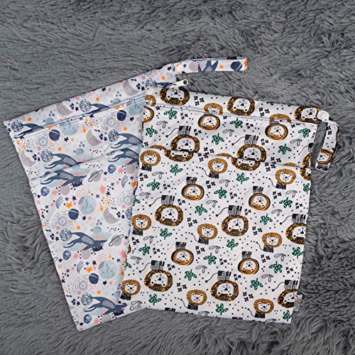 ALVA 2pcs Cloth Diaper Wet Dry Bags Waterproof Reusable with Two Zippered Pockets Travel Beach Pool Daycare Soiled Baby Items Yoga Gym Bag for Swimsuits or Wet Clothes - color: Cartoon tiger and flying cat