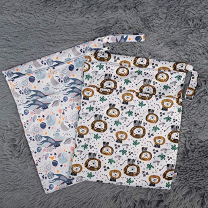 ALVA 2pcs Cloth Diaper Wet Dry Bags Waterproof Reusable with Two Zippered Pockets Travel Beach Pool Daycare Soiled Baby Items Yoga Gym Bag for Swimsuits or Wet Clothes - color: Cartoon tiger and flying cat