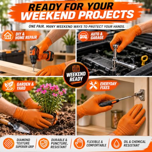 ANBOSON 10 Mil Heavy Duty Diamond Texture Nitrile Gloves, Large, 100 Ct - color: Orange of 100, size: Large