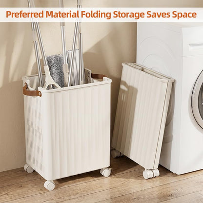 Large Capacity Mop Holder with Wheels, Rolling Broom Storage Organizer On Casters, Heavy Duty Utility Cart for Laundry Room Garage Kitchen Basement, Space Saving Mobile Rack for Cleaning Supplies