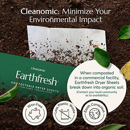 Cleanomic Earthfresh Fabric Softener Sheets Dryer Sheets, Softens & Removes Static Cling, Vegan Laundry Softener With Essential Oils -Fragrance Free